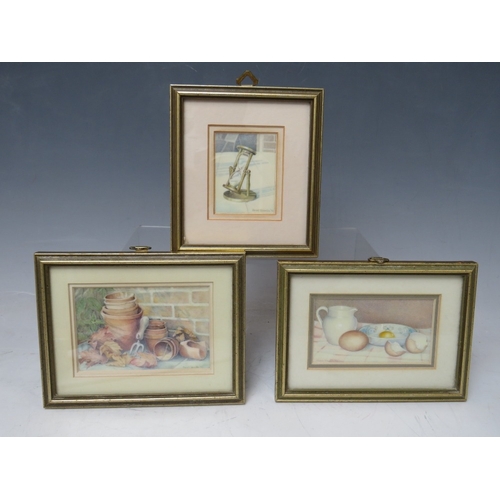 45 - JANET SHEATH (XX). Three miniature watercolours on ivorine 'Nearly Tea Time', Time' and a study of f... 