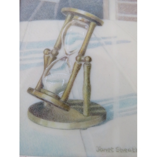 45 - JANET SHEATH (XX). Three miniature watercolours on ivorine 'Nearly Tea Time', Time' and a study of f... 