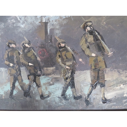 59 - MONTGOMERY (XX). WW1 scene with four soldiers before a steam train, signed lower right, oil on canva... 