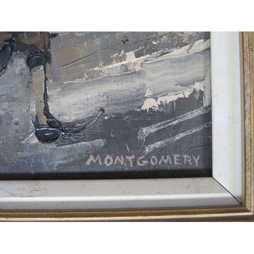 59 - MONTGOMERY (XX). WW1 scene with four soldiers before a steam train, signed lower right, oil on canva... 