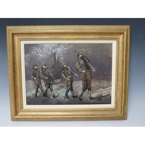 59 - MONTGOMERY (XX). WW1 scene with four soldiers before a steam train, signed lower right, oil on canva... 