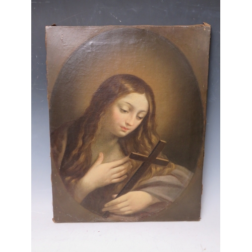 61 - A 19TH CENTURY STUDY OF MADONNA HOLDING A CRUCIFIX, unsigned, oil on canvas, unframed, 52 x 41 cm