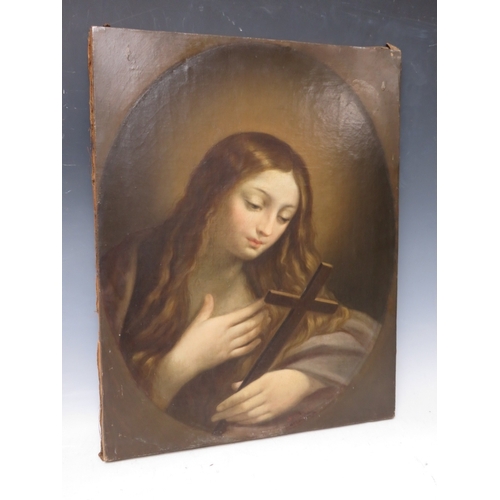 61 - A 19TH CENTURY STUDY OF MADONNA HOLDING A CRUCIFIX, unsigned, oil on canvas, unframed, 52 x 41 cm