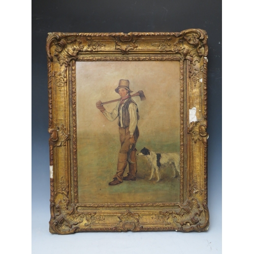 64 - A 19TH CENTURY STUDY OF A WOODCUTTER AND HIS DOG, unsigned, oil on board, framed, 50 x 30 cm