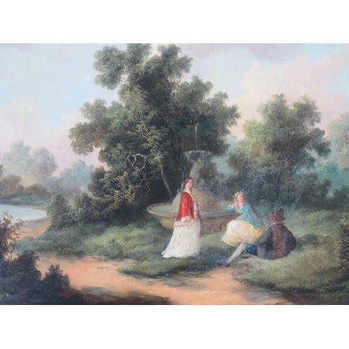 66 - A LATE 18TH / EARLY 19TH CENTURY WOODED ORNAMENTAL GARDEN SCENE WITH FIGURES, unsigned, oil on canva... 