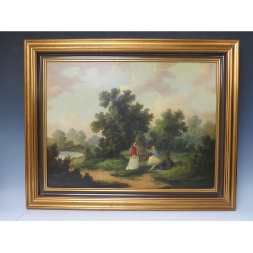 66 - A LATE 18TH / EARLY 19TH CENTURY WOODED ORNAMENTAL GARDEN SCENE WITH FIGURES, unsigned, oil on canva... 