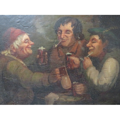 67 - A 19TH CENTURY DUTCH SCHOOL INN INTERIOR, with figures smoking & drinking, unsigned, oil on panel, u... 