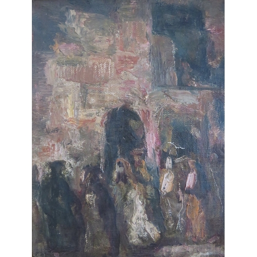 69 - ATTRIBUTED TO BERNARD DUNSTAN (b.1920). See label verso, impressionist Eastern town scene with figur... 