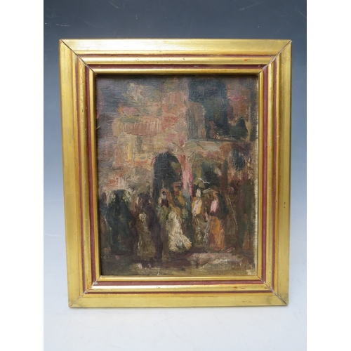 69 - ATTRIBUTED TO BERNARD DUNSTAN (b.1920). See label verso, impressionist Eastern town scene with figur... 