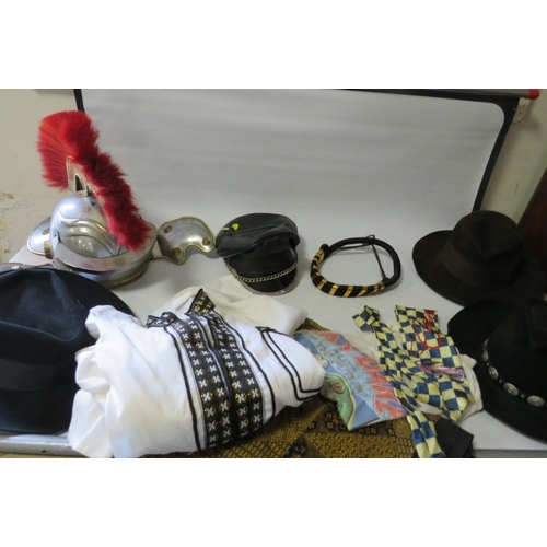 374 - A REPRODUCTION ROMAN CENTURION HELMET TOGETHER WITH A TRAY OF HATS AND ACCESSORIES