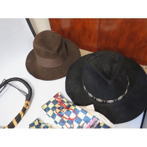 374 - A REPRODUCTION ROMAN CENTURION HELMET TOGETHER WITH A TRAY OF HATS AND ACCESSORIES