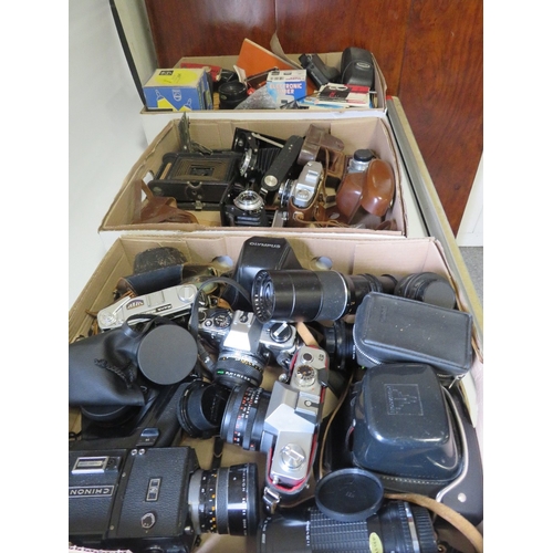 378 - THREE BOXES OF OLD MIXED CAMERAS