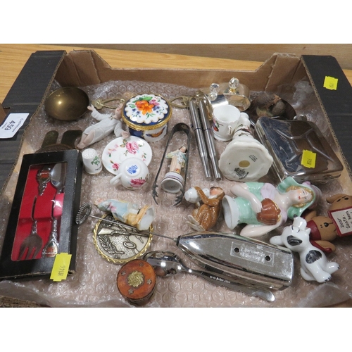 459 - A TRAY OF COLLECTABLES TO INCLUDE PIN CUSHION DOLL, SUGAR TONGS, COALPORT MINI CUP AND SAUCER PARKER... 