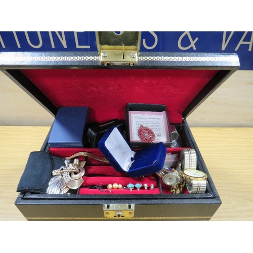 486 - A JEWELLERY BOX AND CONTENTS TO INCLUDE WATCHES, COSTUME JEWELLERY ETC