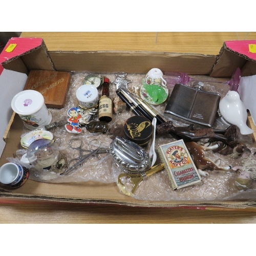 493 - A TRAY OF COLLECTABLES TO INCLUDE TABLE LIGHTER, PENS, EARLY NURSING MEDAL, SPODE MINI CUP AND SAUCE... 