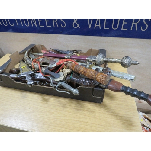 494 - A TRAY OF ASSORTED DECORATIVE REPRODUCTION DISPLAY SWORDS ETC