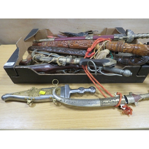 494 - A TRAY OF ASSORTED DECORATIVE REPRODUCTION DISPLAY SWORDS ETC