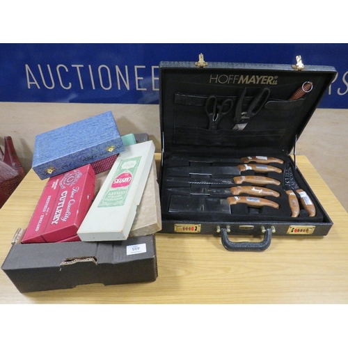 495 - A BOX OF ASSORTED VINTAGE CUTLERY TOGETHER WITH A BRIEFCASE CONTAINING A SET OF KNIVES