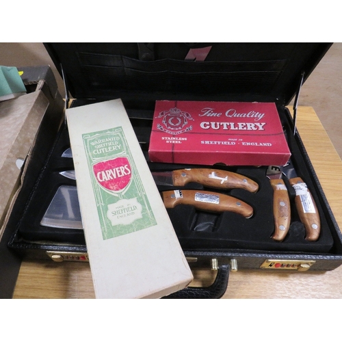 495 - A BOX OF ASSORTED VINTAGE CUTLERY TOGETHER WITH A BRIEFCASE CONTAINING A SET OF KNIVES