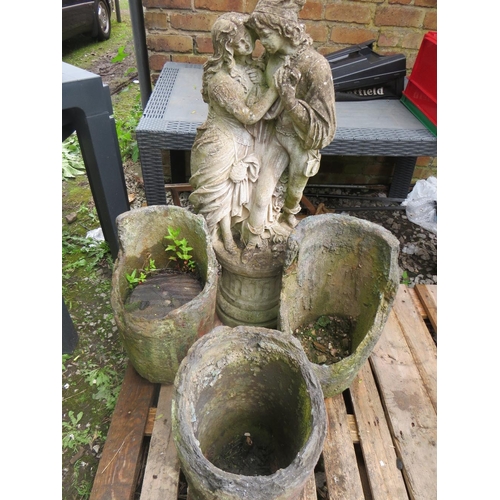714 - A CONCRETE STATUE ON PLINTH AND THREE RUSTIC CONCRETE PLANTERS