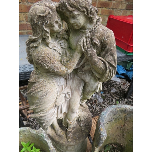 714 - A CONCRETE STATUE ON PLINTH AND THREE RUSTIC CONCRETE PLANTERS