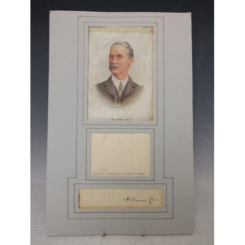 14 - ANDREW BONAR LAW (PRIME MINISTER), signed letter clipping, mounted with a silk portrait and 10 Downi... 