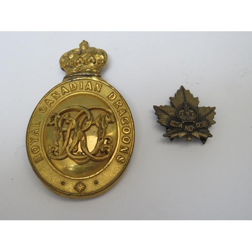 211 - A VICTORIAN ROYAL CANADIAN DRAGOONS HELMET PLATE CENTRE BADGE, with later brooch fitting and a small... 