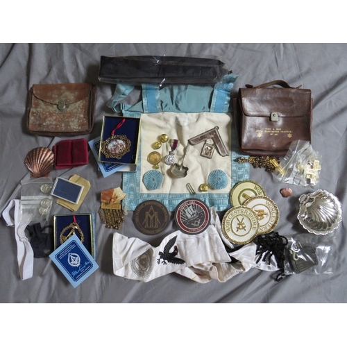 233 - A COLLECTION OF VINTAGE MASONIC REGALIA, to include badges, pouches, apron etc.