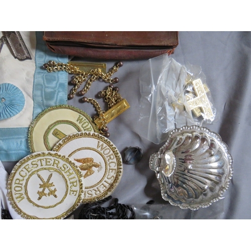 233 - A COLLECTION OF VINTAGE MASONIC REGALIA, to include badges, pouches, apron etc.