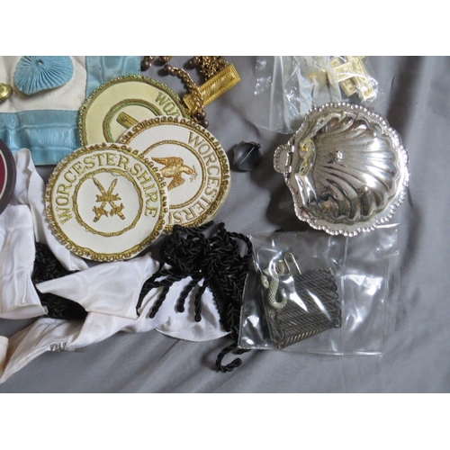 233 - A COLLECTION OF VINTAGE MASONIC REGALIA, to include badges, pouches, apron etc.