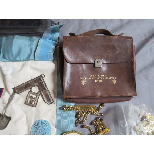233 - A COLLECTION OF VINTAGE MASONIC REGALIA, to include badges, pouches, apron etc.