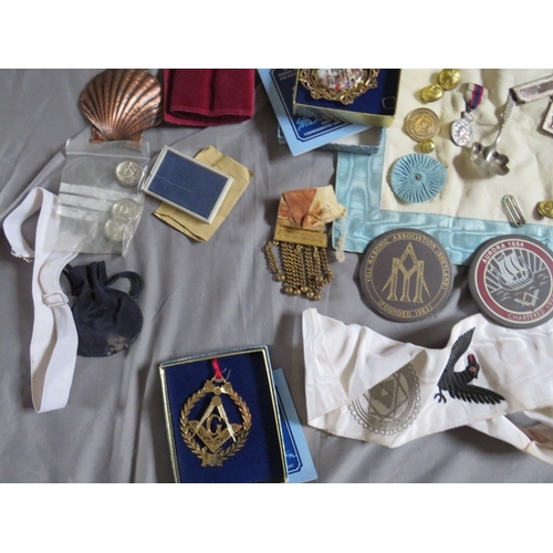 233 - A COLLECTION OF VINTAGE MASONIC REGALIA, to include badges, pouches, apron etc.