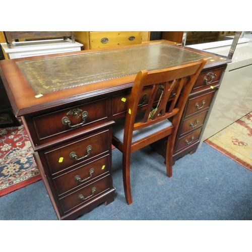 840 - A REPRODUCTION MAHOGANY TWIN PEDESTAL DESK WITH CHAIR W- 122CM