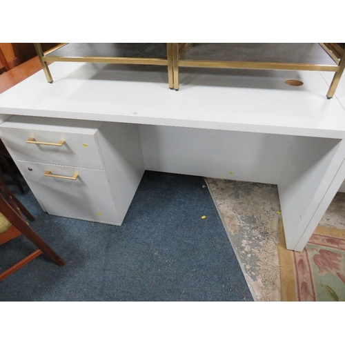 889 - A MODERN WHITE OFFICE DESK WITH TWO DRAWER FILING CABINET W- 150CM