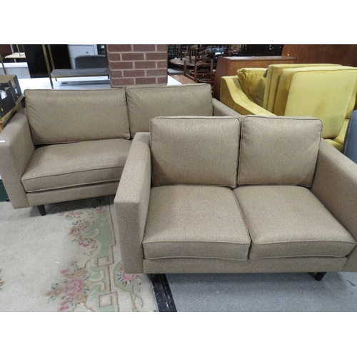 895 - A THREE SEATER CAMEL SOFA TOGETHER WITH A TWO SEATER CAMEL SOFA