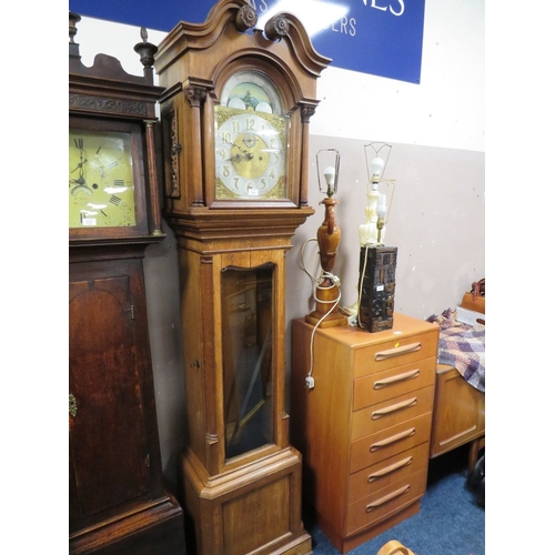 919 - A LARGE OAK LONG CASED CLOCK WITH TWO WEIGHTS