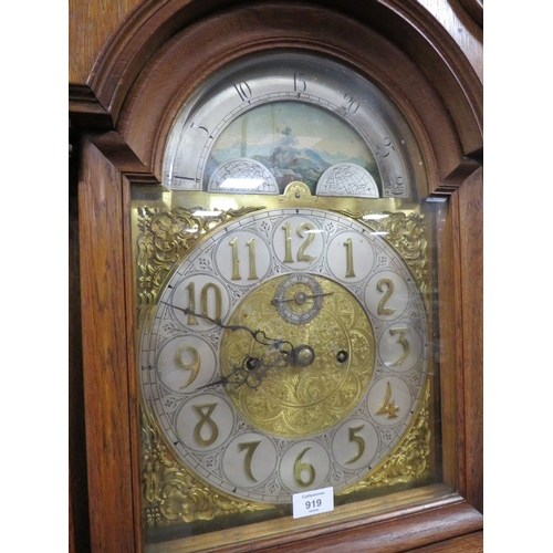 919 - A LARGE OAK LONG CASED CLOCK WITH TWO WEIGHTS