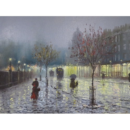 58 - JOHN BAMPFIELD (b.1948). Impressionist rainy evening street scene with horse and carriages and figur... 