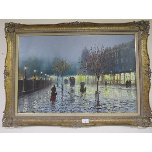 58 - JOHN BAMPFIELD (b.1948). Impressionist rainy evening street scene with horse and carriages and figur... 