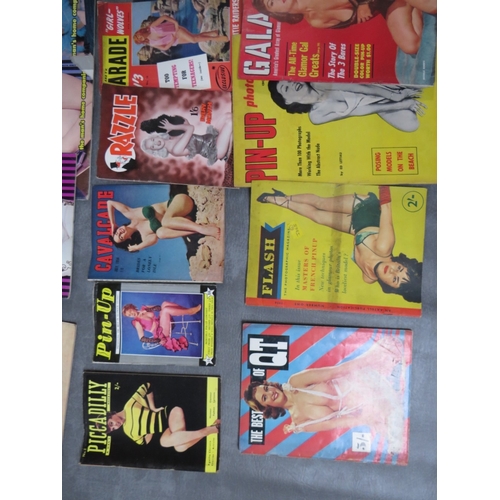 224 - A TRAY CONTAINING 22 VINTAGE GLAMOUR MAGAZINES, to include 1950s examples, Flash, QT, Gala, Pin Up, ... 