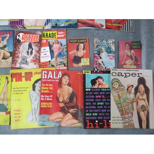 224 - A TRAY CONTAINING 22 VINTAGE GLAMOUR MAGAZINES, to include 1950s examples, Flash, QT, Gala, Pin Up, ... 