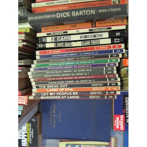 190 - THREE TRAYS OF VINTAGE PAPERBACK BOOKS, one of film tie-ins, one of TV programme tie-ins and one of ... 