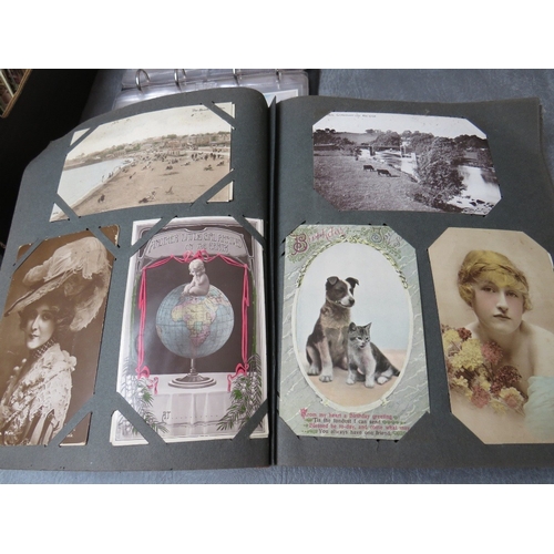 213 - TWO VINTAGE POSTCARDS ALBUMS, together with a tray of loose postcards with many vintage examples