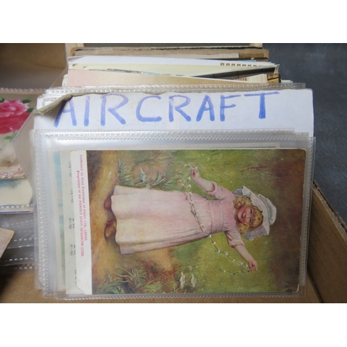 217 - A TRAY CONTAINING VINTAGE POSTCARD ALBUM, plus loose vintage postcards