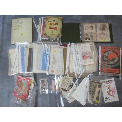 206 - A TRAY OF VINTAGE EPHEMERA, to include photographs, postcards, collectors cards, deeds, sheet music,... 