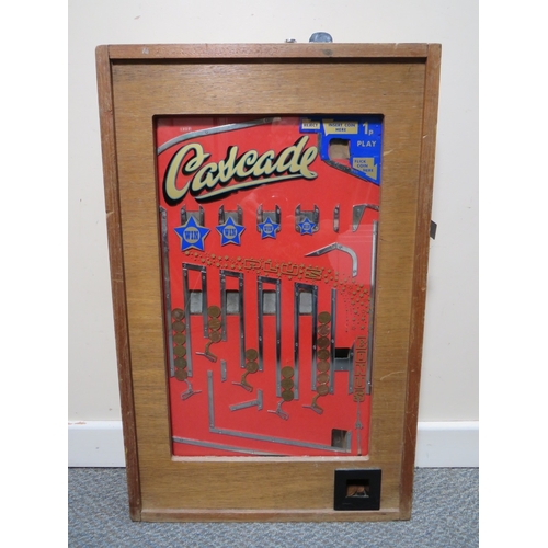 517 - A BELL FRUIT 'CASCADE' WALL MOUNTED ARCADE PENNY SLOT MACHINE, wooden case with glazed front, W 48 c... 