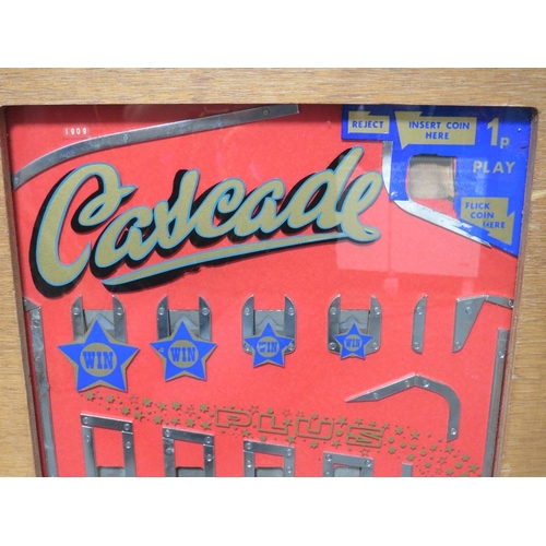 517 - A BELL FRUIT 'CASCADE' WALL MOUNTED ARCADE PENNY SLOT MACHINE, wooden case with glazed front, W 48 c... 