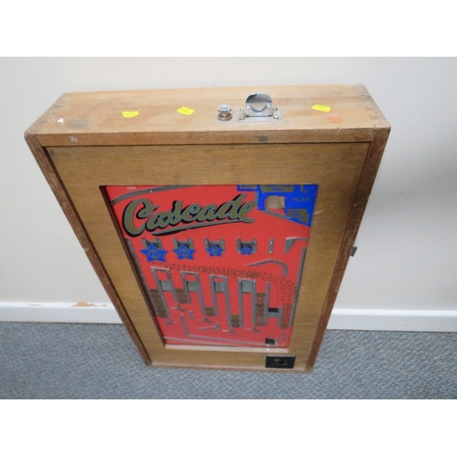 517 - A BELL FRUIT 'CASCADE' WALL MOUNTED ARCADE PENNY SLOT MACHINE, wooden case with glazed front, W 48 c... 