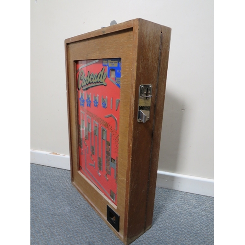 517 - A BELL FRUIT 'CASCADE' WALL MOUNTED ARCADE PENNY SLOT MACHINE, wooden case with glazed front, W 48 c... 