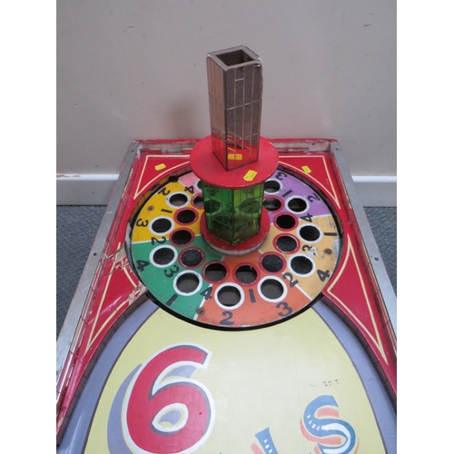 522 - A VINTAGE HAND PAINTED FAIRGROUND WINNING NUMBER CANE BOARD, with revolving score board with central... 